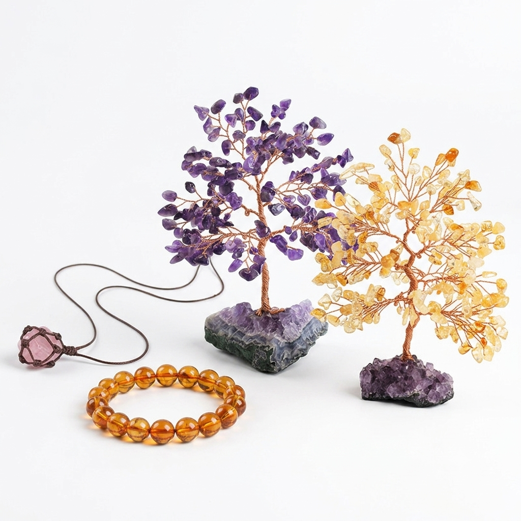Career & Mentor Energy Set - Amethyst Tree, Citrine Tree, Citrine Bracelet, Rose Quartz Pendant