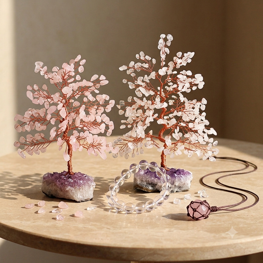 Love & Cleansing Energy Set - Rose Quartz Tree, Clear Quartz Tree, Clear Quartz Bracelet, Rose Quartz Pendant
