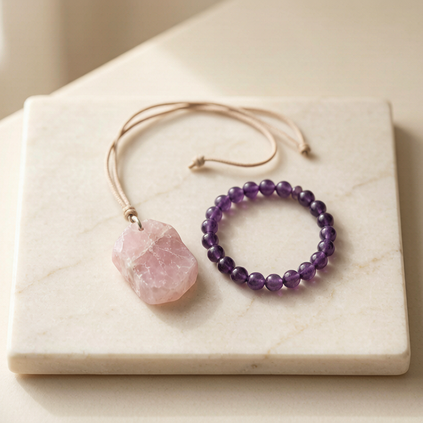 Love Starter Set — rose quartz cord pendant and amethyst bracelet