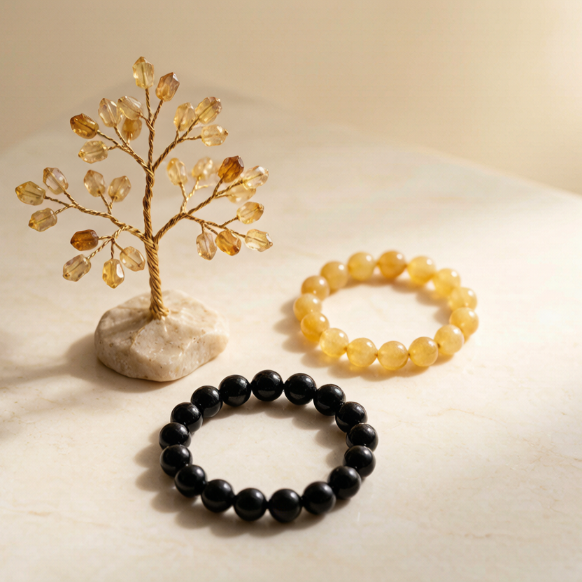 Wealth Starter Set — citrine tree, citrine bracelet and obsidian bracelet